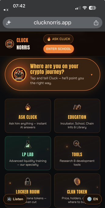A mobile screenshot of the 'clucknorris.app' website displaying the 'CLUCK NORRIS' branding, an 'ASK CLUCK' button, and menu options for 'EDUCATION', 'LP LAB', 'TOOLS', 'LOCKER ROOM', and 'CLKN TOKEN'.