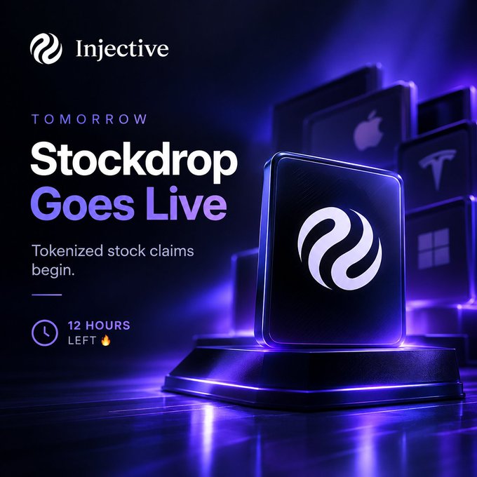 A promotional graphic for Injective announcing that the "Stockdrop Goes Live" tomorrow, featuring a glowing blue pedestal displaying the Injective logo with cubes representing major stocks (Apple, Tesla, Microsoft) in the background. A countdown indicator shows "12 HOURS LEFT 🔥," aligning with the post's message about upcoming tokenized stock claim distributions to $INJ burners.