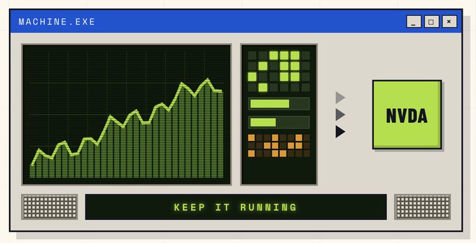 A retro-style computer interface titled "MACHINE.EXE" showing a green bar chart trending upward, pixel art graphics, and a box labeled "NVDA" (Nvidia ticker) with "KEEP IT RUNNING" displayed at the bottom.