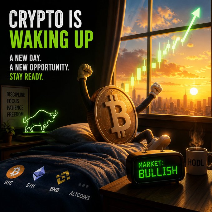 An anthropomorphized Bitcoin coin stretches and raises its arms awake in bed beside a glowing "MARKET: BULLISH" digital clock, with a sunrise cityscape, rising green candlestick chart, BTC/ETH/BNB logos, and motivational text ("CRYPTO IS WAKING UP — A NEW DAY. A NEW OPPORTUNITY. STAY READY.") reinforcing the post's message of a quietly strengthening, cautiously optimistic crypto market waking into a new bullish day.