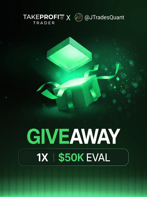 A green-themed promotional graphic for a 'GIVEAWAY' by TAKEPROFIT TRADER X @JTradesQuant, offering 1x $50K EVAL (trading evaluation account).
