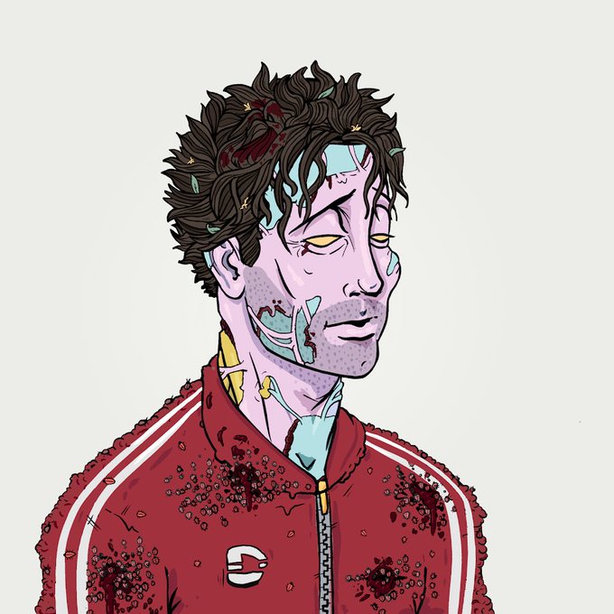 This image showcases a DeGods NFT, a digital collectible from the @DeGodsNFT collection, featuring a zombie-like character. The post details the acquisition of this NFT for someone named Flomo.
