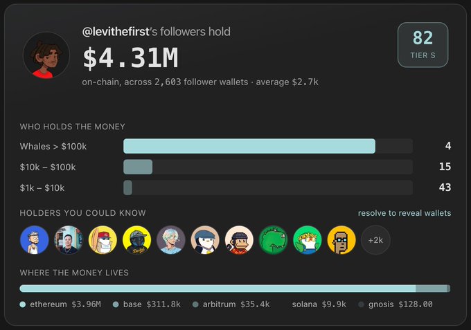 A dashboard displaying on-chain holder data for "@levithefirst" shows $4.31M held across 2,603 follower wallets, broken down by whale tiers and chains like ethereum ($3.96M) and base ($311.8k).