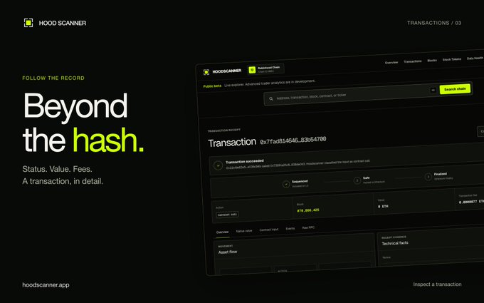 A dark-themed promotional graphic for "HOOD SCANNER" featuring the tagline "Beyond the hash" alongside a screenshot of a transaction detail page displaying the hash "0x71fa8d514646...93954790" with status, value, fees, and contract input fields. The image visually reinforces the post's message by showcasing the tool's ability to unpack a transaction hash into its full on-chain details, with a prompt to "Inspect a transaction" at hoodscanner.app.