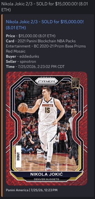 A digital collectible listing shows a 2021 Panini Blockchain NBA Prizm Red Mosaic Nikola Jokic card sold for $15,000.00 (8.01 ETH) on 7/25/2026, with buyer "eddiedude" and seller "spinotron."