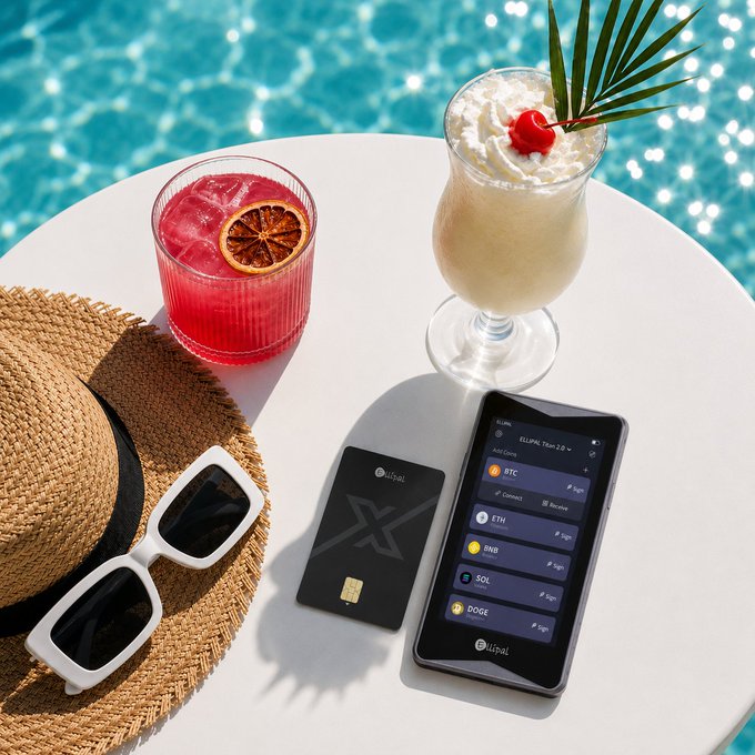 A piña colada garnished with a cherry and palm leaf, and a red citrus cocktail sit poolside alongside a straw sunhat, white sunglasses, and the ELLIPAL Titan 2.0 displaying crypto tickers (BTC, ETH, BNB, SOL, DOGE) next to the ELLIPAL X Card—styled like a "crypto cocktail" combo to match the post's playful "Best served cold" tagline.