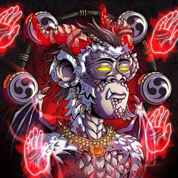 A detailed fantasy artwork depicting a demonic monkey warrior with glowing yellow eyes, ornate armor, and multiple red glowing hands arranged around it.
