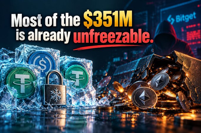A promotional graphic from Bitget featuring a hooded figure, frozen cryptocurrency icons (USDC, USDT), and text reading 'Most of the $351M is already unfreezable.'