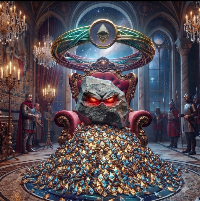 A digital artwork depicting a faceted crystalline Ethereum rock character with glowing red eyes sitting on an ornate throne, surrounded by a massive pile of gold and blue gems, with the Ethereum logo halo above, in a grand castle hall with knights.