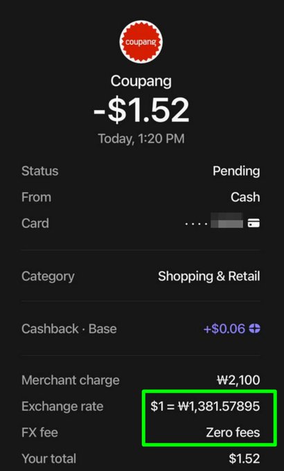 A mobile payment screen shows a pending transaction with Coupang for -$1.52, displaying an exchange rate of $1 = ₩1,381.57895 with zero FX fees highlighted in a green box.