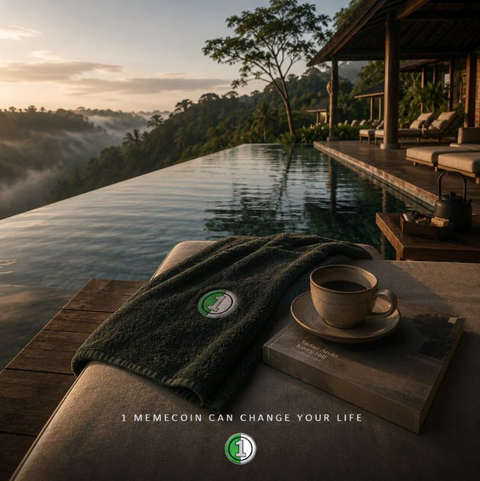 A luxurious scene featuring an infinity pool overlooking a tropical landscape with the text '1 MEMECOIN CAN CHANGE YOUR LIFE' and a green '1' logo on a towel.