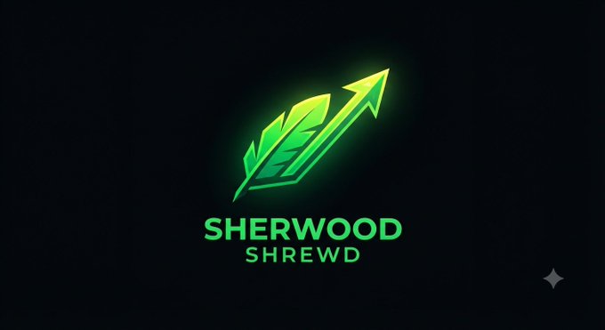 The image displays a glowing green logo featuring a feather and upward arrow design, with the text "SHERWOOD" and "SHREWD" below it on a black background—visually representing the "Robin Hood" narrative referenced in the post about the $SHREWD project.