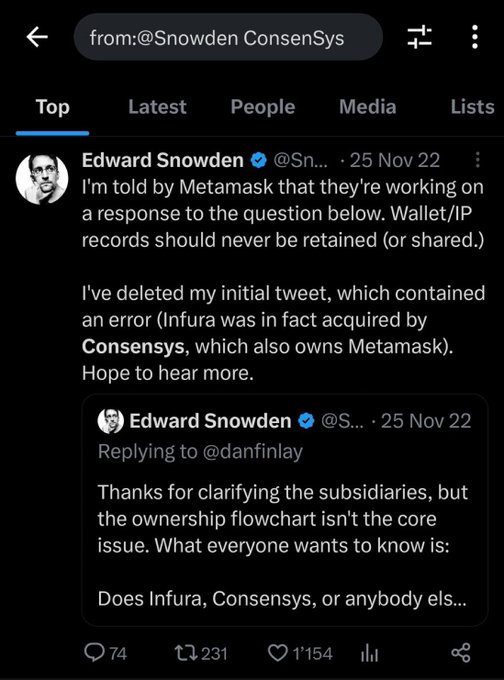 The image shows a tweet from Edward Snowden (@Snowden) dated 25 Nov 22, addressing concerns about Infura, Consensys, and Metamask, noting that "Wallet/IP records should never be retained (or shared)" and acknowledging an error in a prior tweet about Infura being acquired by Consensys, which also owns Metamask. The post highlights how figures like Snowden and various tech/finance entities are interconnected through funding and personnel, which the image visually supports by showcasing Snowden's involvement in calling out these overlapping crypto/Web3 companies (Consensys, Infura, Metamask).