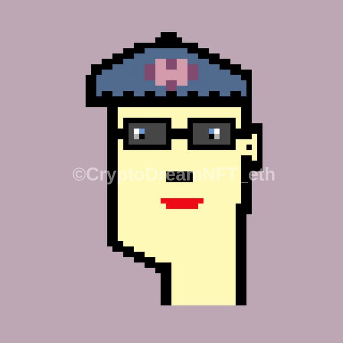 A pixel art NFT illustration of a yellow-skinned character with glasses and a blue cap featuring an 'H' logo, watermarked '©CryptoDreamNFT_eth'.