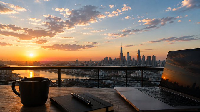 A scenic photograph shows a sunset view over a city skyline with a coffee mug, notebook, pen, and laptop on a balcony table in the foreground.