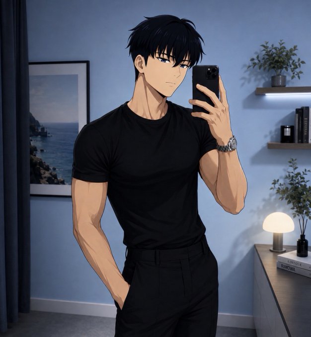 An anime-style young man in a fitted black T-shirt and black trousers takes a mirror selfie in a modern blue room decorated with plants, framed art, shelves, books, and a lamp.