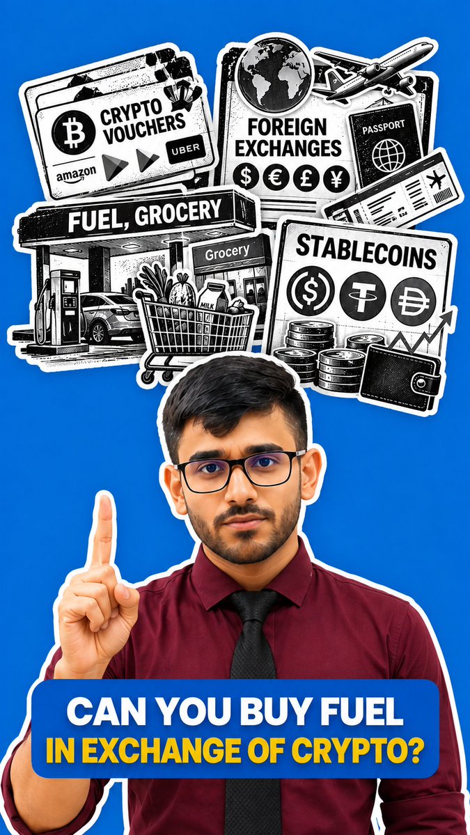 The image shows a young man in a maroon shirt and tie pointing upward, surrounded by illustrated graphics including "CRYPTO VOUCHERS" (Amazon, Uber), "FOREIGN EXCHANGES," a passport, an airplane, a fuel/grocery station, a shopping cart, and "STABLECOINS" with various crypto symbols. The bold caption reads "CAN YOU BUY FUEL IN EXCHANGE OF CRYPTO?" 

The visual reinforces the post's theme by illustrating how crypto (particularly stablecoins) is being converted into branded vouchers usable for everyday essentials like fuel and groceries in India, bypassing traditional banking channels and RBI regulations.