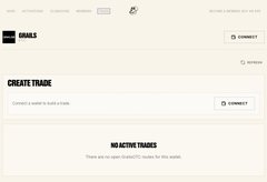 A screenshot of a web dashboard labeled 'TRADES' showing a 'CREATE TRADE' form and a section stating 'NO ACTIVE TRADES'.