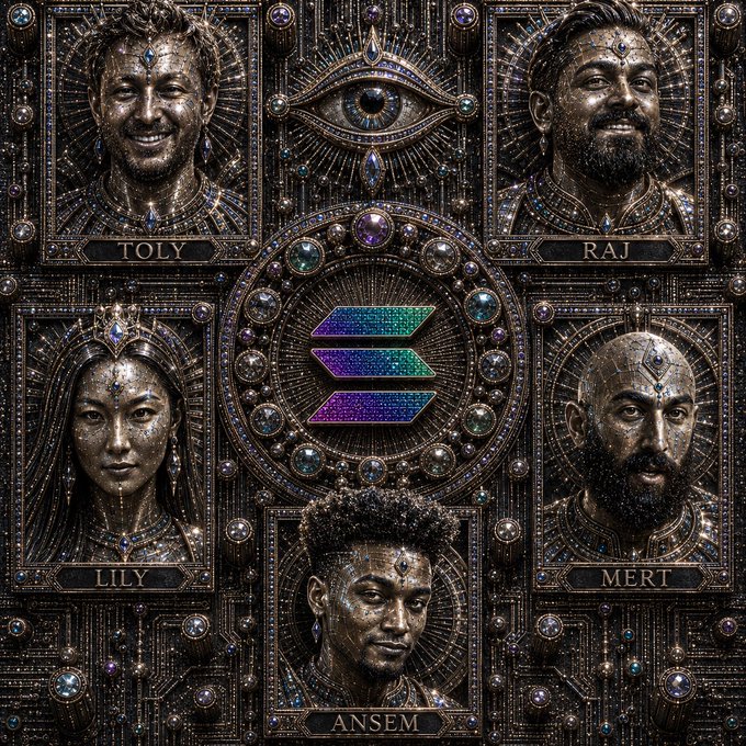 An ornate, jeweled artwork displaying five sculpted metallic portraits labeled TOLY, RAJ, LILY, MERT, and ANSEM surrounding a central Solana logo, set within an intricate decorative frame.