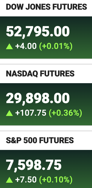 A green-screen financial ticker displays pre-market U.S. futures with modest gains—Dow Jones at 52,795.00 (+0.01%), Nasdaq at 29,898.00 (+0.36%), and S&P 500 at 7,598.75 (+0.10%)—visually confirming the post's observation that pre-market futures are catching bids.