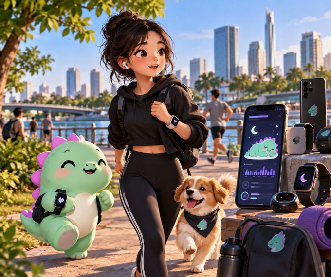 A 3D-rendered illustration of a young woman with earbuds and athletic wear walking alongside a green dinosaur mascot and a corgi dog, with various tech products displayed nearby.