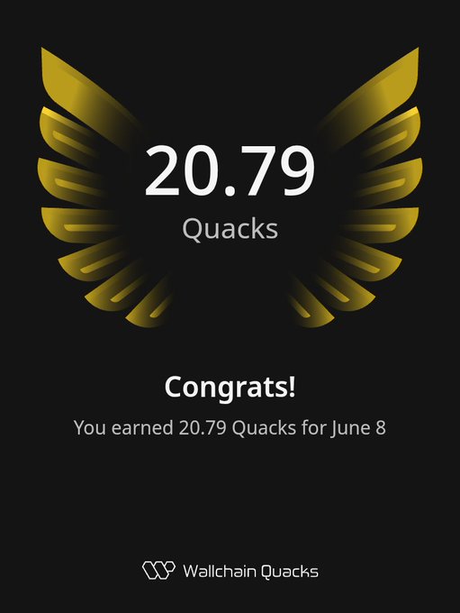The image shows an advertisement for a website called "Wallchain Quacks" with a gold logo featuring a bird's wing design. The text on the image reads "Congratulations! You earned 20,79 Quacks for June 8". This suggests that someone has achieved a high score or completed a task related to the website, and they have been rewarded with a certain number of Quacks as a form of recognition or achievement.
