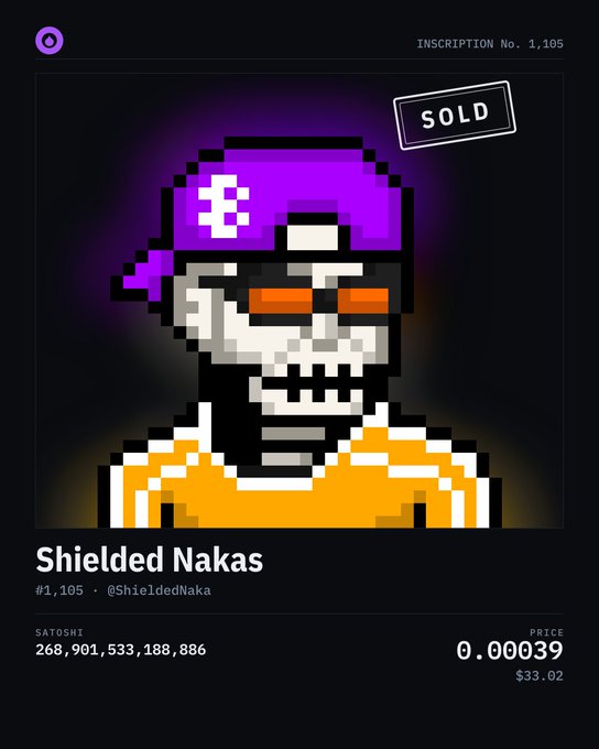 A digital inscription listing #1,105 titled "Shielded Nakas" featuring a pixel art skeleton wearing a purple cap and orange shirt, marked as SOLD for 0.00039 ($33.02).