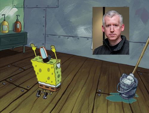 A SpongeBob SquarePants scene featuring the character excitedly pointing at a framed photograph of a gray-haired man, with a mop and bucket nearby on a wooden floor.