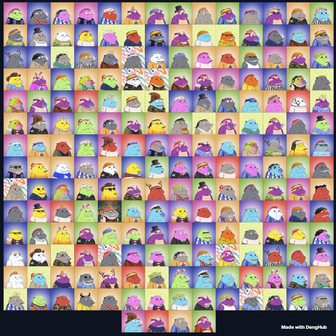 A large grid showcasing numerous colorful, unique cartoon-style character portraits arranged in rows, generated using DengHub.