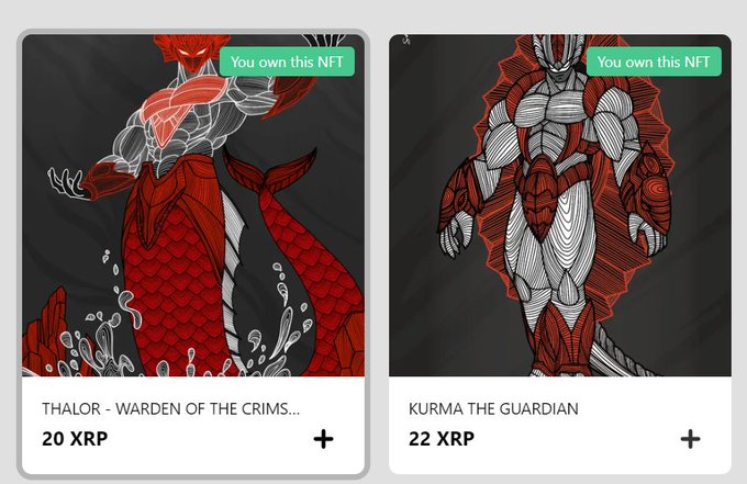 Two NFT digital art listings showing 'THALOR - WARDEN OF THE CRIMS...' for 20 XRP and 'KURMA THE GUARDIAN' for 22 XRP, both with 'You own this NFT' tags.