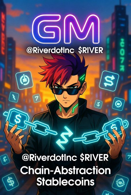 The image features a man wearing sunglasses holding chainsaws and surrounded by neon lights. The caption below the image reads "GM fam! Waking up strong with @RiverdotInc $RIVER the project laser-focused on chain-abstraction stablecoins that actually solve real problems in DeFi". This post is about a new cryptocurrency called ChainAbstraction, which uses chains to create a more efficient and transparent system for exchanging value.