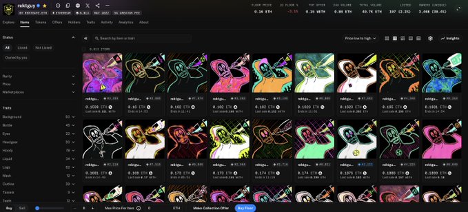 NFT marketplace page for the roktguys collection on Blur, showing multiple NFT listings with traits like Background, Arms, and Headgear, and stats including 0.18 ETH floor price and 48.7K ETH volume.