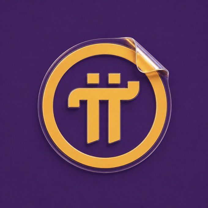A gold Pi Network cryptocurrency logo (π) on a purple background, styled as a sticker with a peeled corner.