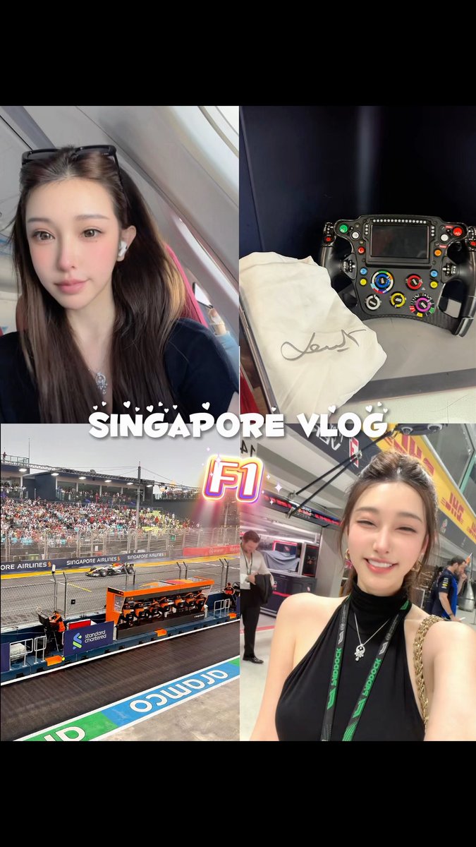 A four-panel 'Singapore Vlog' featuring a young woman, a signed F1 steering wheel replica, and a Formula 1 race scene.