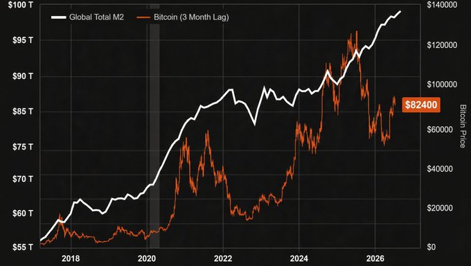 A line chart comparing Global Total M2 (white line, left axis in trillions USD) to Bitcoin price with a 3-month lag (orange line, right axis) from 2018 through 2026, showing Bitcoin currently at $82,400 while the projected peak based on M2 expansion reaches approximately $140,000—visually supporting the claim that Bitcoin tends to follow global monetary expansion with a delay.