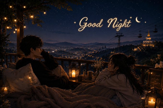 The image features a couple sitting together on a bed with lit candles around them, creating a romantic atmosphere. The background shows a night sky filled with stars, which adds to the overall ambiance of the scene. The text "Good Night" is written above the couple's heads, suggesting that they are enjoying a peaceful and intimate moment together. The image also includes some text about DeFi and AI, possibly related to the post or the couple's interests in this area.