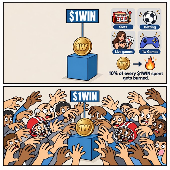 A two-panel infographic explains the '$1WIN' token, featuring icons for 'Slots', 'Betting', 'Live games', and '1w Games', and noting that '10% of every $1WIN spent gets burned', with the bottom panel showing cartoon people reaching for the coin.