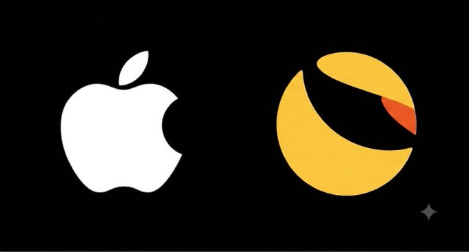 The image shows the white Apple logo alongside a yellow and orange circular logo for Terra Luna Classic ($LUNC) on a black background, visually connecting Apple's payment system to the cryptocurrency. This illustrates the post's claim that users can buy $LUNC using Apple Pay.