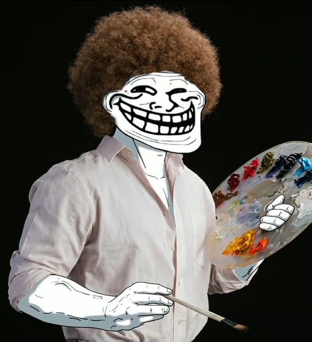 A surreal composite image of a painter wearing a pink shirt and holding a paint palette and brush, whose face and hands have been replaced with the classic black-and-white Trollface meme drawing.