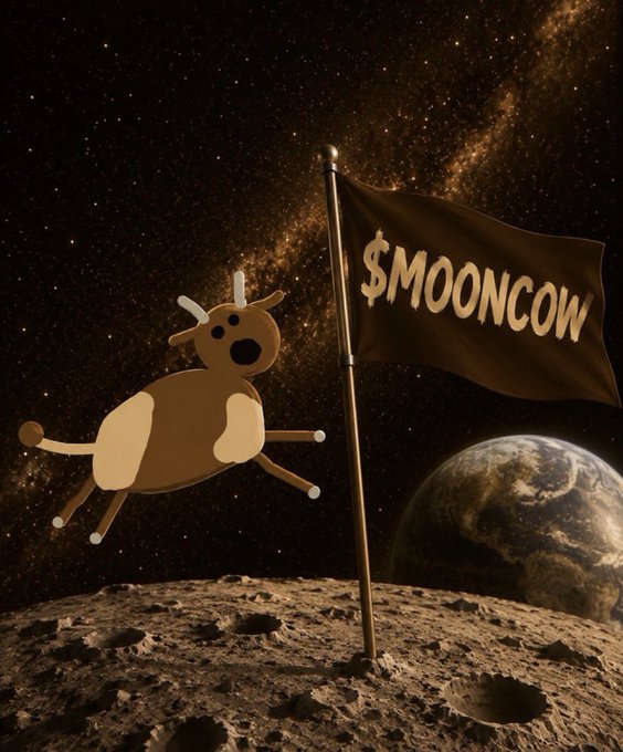 3D-rendered image of a cartoon cow planted next to a black flag reading '$MOONCOW' on a cratered lunar surface, with Earth and a starry galaxy visible in the background.