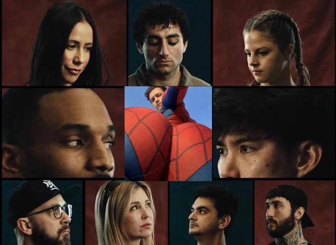 A 3x3 grid collage features close-up portraits of eight young adults with somber, disappointed expressions surrounding a central image of Tobey Maguire's Spider-Man looking dejected, all set against dark red backdrops. The composition visually reinforces the caption "Generational bottom" by using the iconic image of a defeated Spider-Man as a generational symbol of despair, paired with the faces of zoomers reflecting collective malaise.