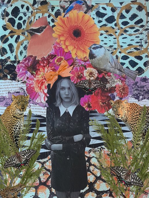 An artistic collage featuring a black and white photo of a young woman in a dark dress surrounded by colorful flowers, birds (including a cedar waxwing and chickadee), cheetahs, butterflies, and patterned backgrounds.