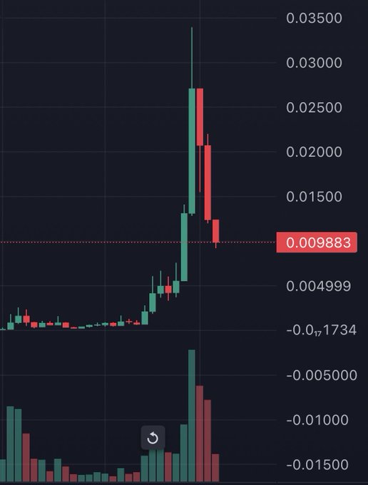 A candlestick chart displaying the ticker $HMM shows a dramatic price spike peaking near $0.035 before pulling back to $0.00983, with high volume accompanying the volatile move—reflecting the "round trip szn" mentioned, as gains were rapidly erased. The chart illustrates a parabolic pump-and-dump pattern followed by a sharp reversal to near pre-pump levels.