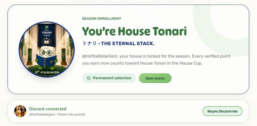 A user named @HottieBabeGem has enrolled in "House Tonari" for the season under Purinta's "The Eternal Stack" program, with their Discord connected and Tonari role synced. The image relates to the post by showcasing a community/loyalty engagement feature of the Purinta platform, which ties memecoin holders to ongoing participation and rewards rather than just liquidity events.