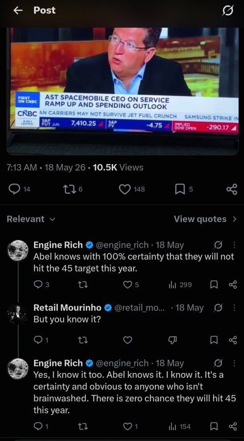 A CNBC interview shows AST SpaceMobile CEO Abel stating "carriers may not survive jet fuel crunch," with viewers commenting that the company will not hit its 45-satellite target this year, supporting the poster's warning to ASTS investors. The image displays key context including the $ASTS ticker, 10.5K views, and prominent engagement metrics like 148 likes and 299 views on a skeptical comment about the company's 2024 deployment goals.