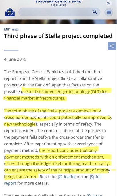 The image shows an ECB news page titled "Third phase of Stella project completed" from June 4, 2019, with highlighted text revealing that the Stella project was a collaboration between the European Central Bank and Bank of Japan testing distributed ledger technology (DLT) for financial market infrastructures, and concluding that only payment methods with an enforcement mechanism could ensure safe cross-border transfers.

The post uses this image to support a conspiracy-style claim that Project Stella was secretly a test of Ripple's XRP Ledger (XRPL), implying central banks were covertly experimenting with Ripple's technology years ago through this collaboration.