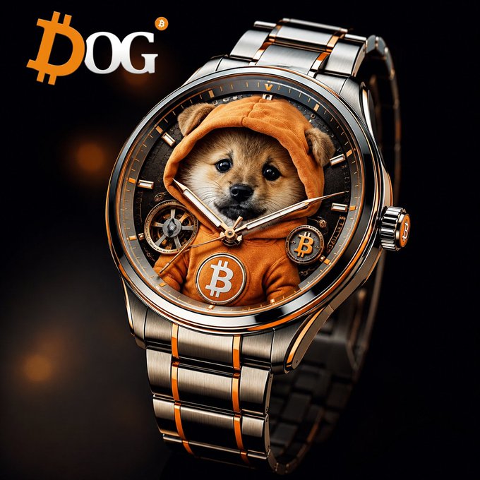 The image features a silver watch with an orange hooded dog as its face, wearing a Bitcoin symbol on the wristband. The text "Time will show the strength of $DOG" is also present in the image. This suggests that the watch might be related to cryptocurrency or Bitcoin and could potentially represent the value or strength associated with this digital currency.