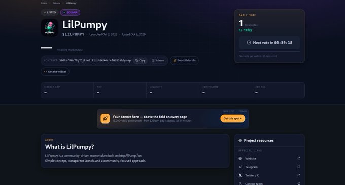 A screenshot of a crypto meme token page on a listing site showing "$LILPUMPY" (LilPumpy), launched October 5, 2026, with a daily vote count of 1 and contract information displayed.