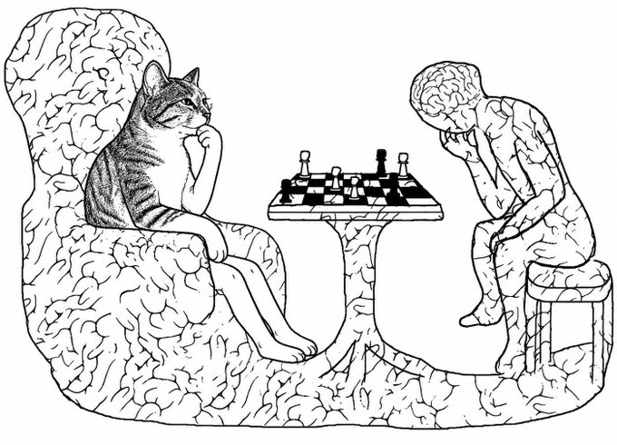 A surreal black and white line drawing depicting a cat sitting in a brain-textured armchair playing chess against a humanoid figure with a visible brain for a head.