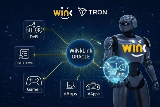 A promotional graphic for WinkLink Oracle on the Tron blockchain features a robot mascot alongside icons for DeFi, Platforms, GameFi, and dApps connected to a central hub.